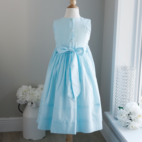 Strasburg Dress Smocked Sleeveless Aqua RARE Pink Accents Size 7/8 Flower Girl - Picture 7 of 7